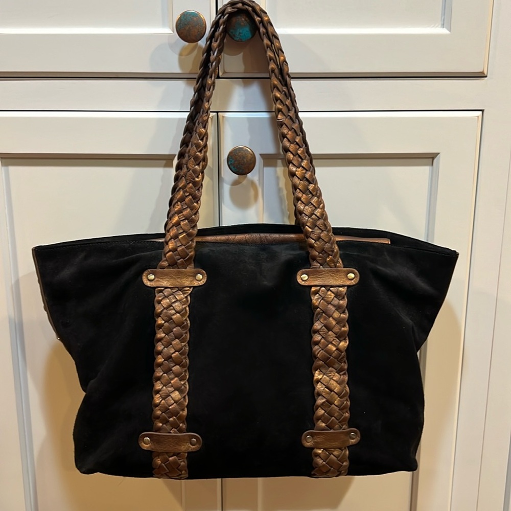 Donald J Pliner Black Suede oversized Studded Shoulder Bag Braided texture Y2K